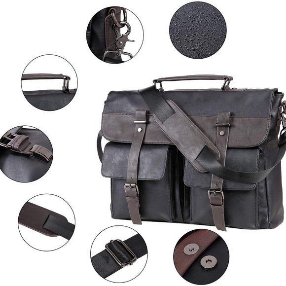 Leather Messenger Bag for Men, 15.6 Inch Vintage Laptop Bag Briefcase Satchel - Picture 4 of 5